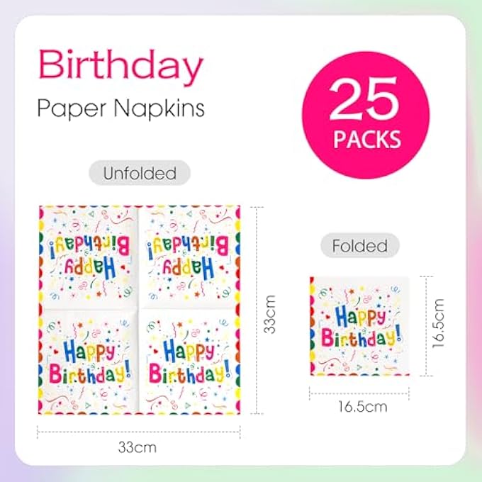 SERVIETTES BIRTHDAY 13 INCH COLOURFUL PARTY NAPKINS GIRLS BOY CHILD BIRTHDAY CELEBRATION 33 X 33 CM 25 PIECES - Image 3